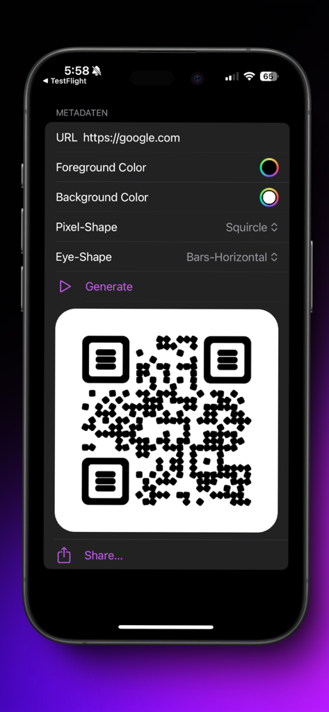 Simple QR Generator - Mobile app interface showing custom QR code settings and generated code