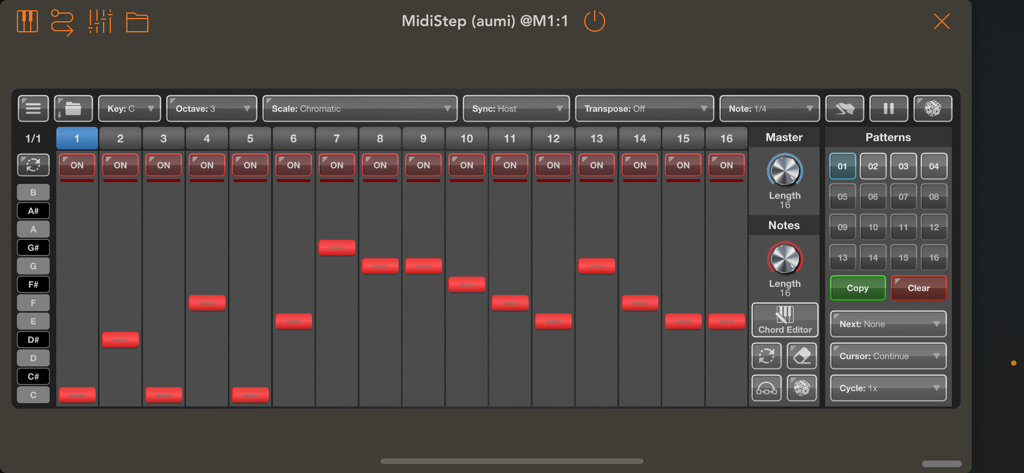 Una captura de pantalla de la interfaz de la aplicación MidiStep que muestra una cuadrícula de secuenciador MIDI de dieciséis pasos con indicadores de notas rojos y varios controles de parámetros.