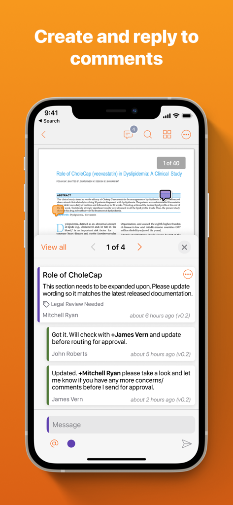Interfaccia dell'app mobile Veeva Vault che mostra commenti e risposte ai documenti per la collaborazione