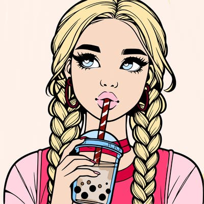 realistic girl with braided hair drinking boba
