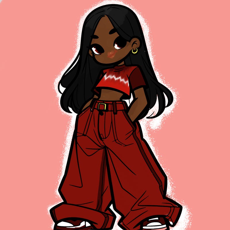 girl with long hair baggy pants and a crop top