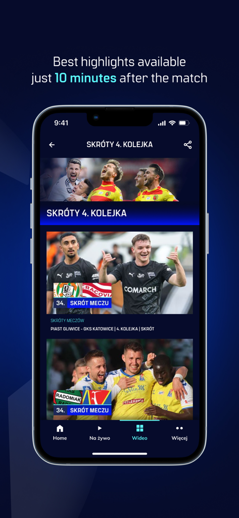 A smartphone screen showing football match highlights on the Ekstraklasa TV app