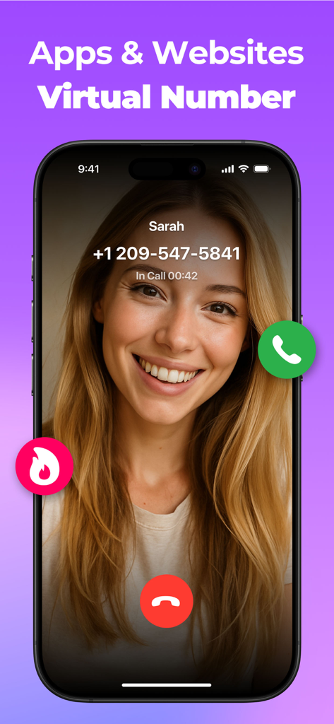 Call Now: 2nd Number Phone App - Una pantalla de iPhone que muestra una llamada entrante de un número virtual para aplicaciones sociales y de citas.