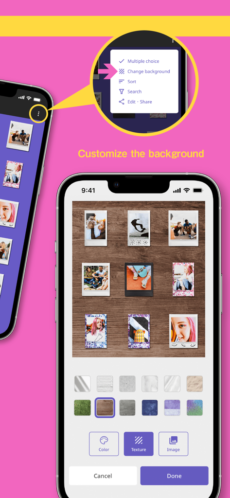 Un smartphone montrant l'interface de personnalisation de l'arrière-plan de l'application instax UP avec diverses options de texture pour la galerie de photos numériques