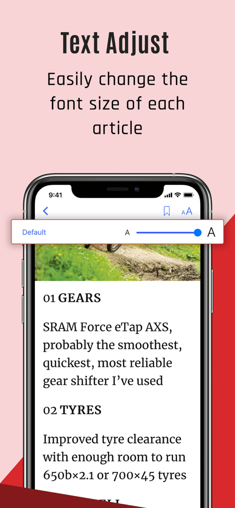 Interface showing the text adjustment feature to change font size in Cycling Plus Magazine articles