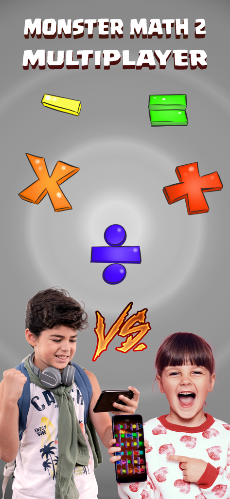 Math Duel: 2 Player Kids Games - Two children excitedly playing a competitive multiplayer math game on their smartphones