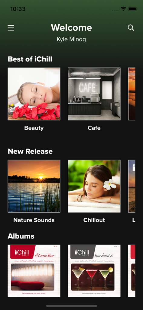 iChill - The iChill app interface showing music categories for beauty and cafe environments