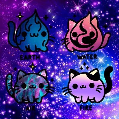 4 cats that represent the different elements, earth, water, air, and fire