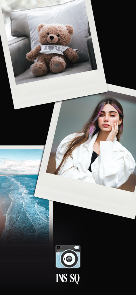 Un collage de fotos cuadradas estilo vintage con bordes blancos que incluyen un oso de peluche, una mujer y un paisaje costero