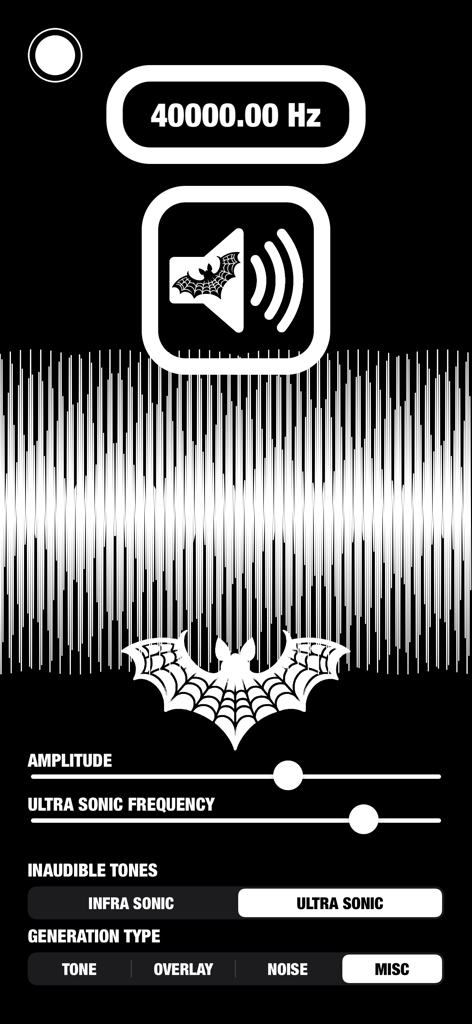 Black Audio Tool - B.A.T - Black Audio Tool interface showing 40000 Hz ultrasonic tone generation with minimalist waveform and sliders