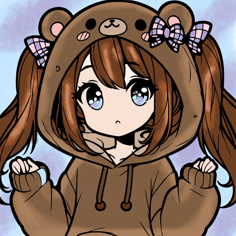 cute anime girl with ponytails and a cute bear hoodie