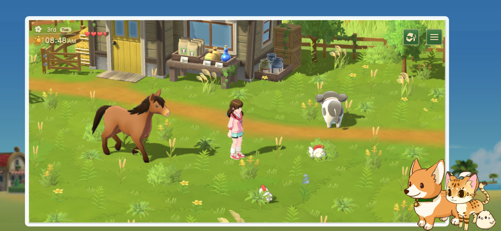 Harvest Moon: Home Sweet Home - A female character on a farm surrounded by a horse, cow, and chickens in Harvest Moon Home Sweet Home.