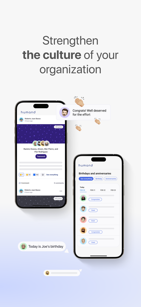 Humand - Humand app screens showing employee recognition feed and birthday announcements