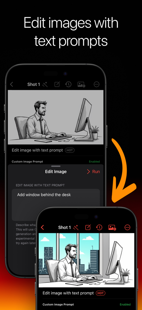 Storyboard Creator AI - Interface móvel do Storyboard Creator AI mostrando como editar imagens usando prompts de texto