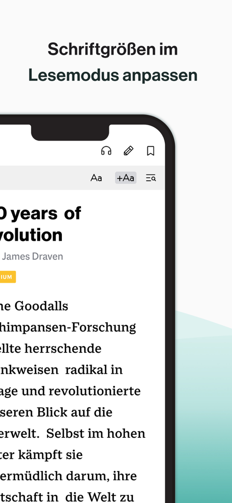 Spotlight eMagazine mobile Oberfläche, die Optionen zur Anpassung der Schriftgröße im Lesemodus anzeigt