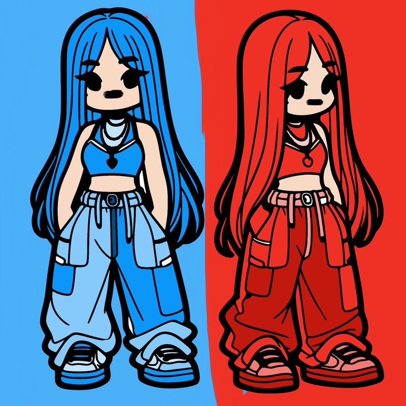 girl in baggy pants crop top and long hair