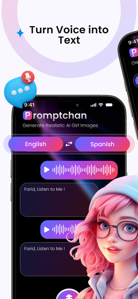 Promptchan ai - Promptchan AI app interface showing voice to text and translation features with an anime character