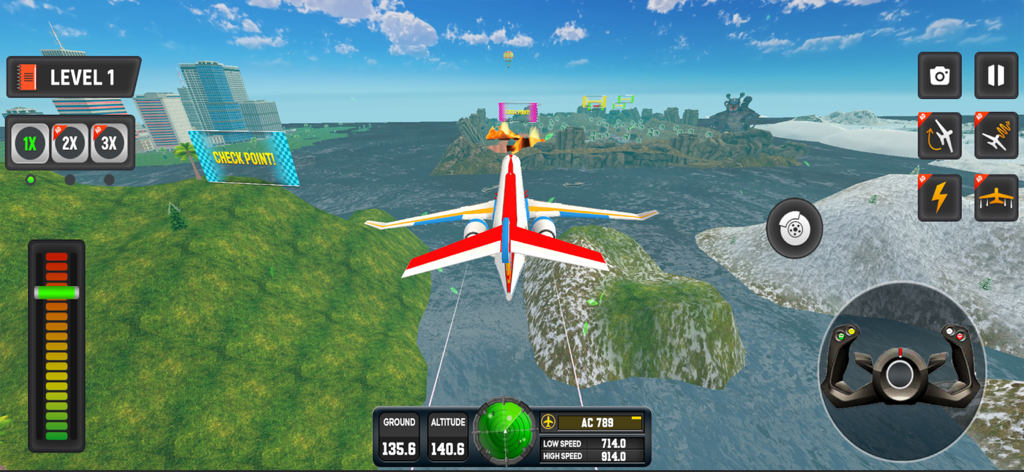 Airplane Game:Pilot Simulator - Airplane Game Pilot Simulator gameplay showing a red and white plane flying through checkpoints over a coastal landscape