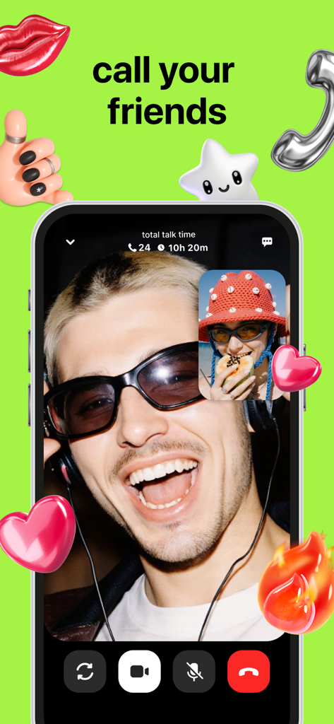 A screenshot of a video call between two friends in the Blink app with playful 3D icons like hearts and stars on a bright green background.