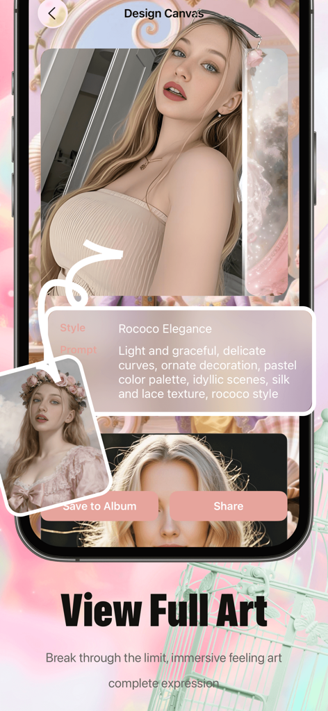 Dron - Artful Joy - Ein mobiler Bildschirm zeigt die Dron-App-Oberfläche, die ein Frauenporträt in ein klassisches Rokoko-Kunstwerk verwandelt, mit einer Beschreibung des Stils und Schaltflächen zum Speichern und Teilen.