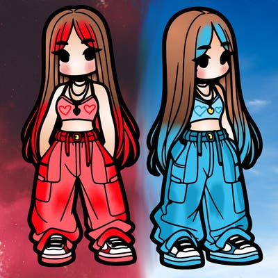 girl in baggy pants crop top and long hair