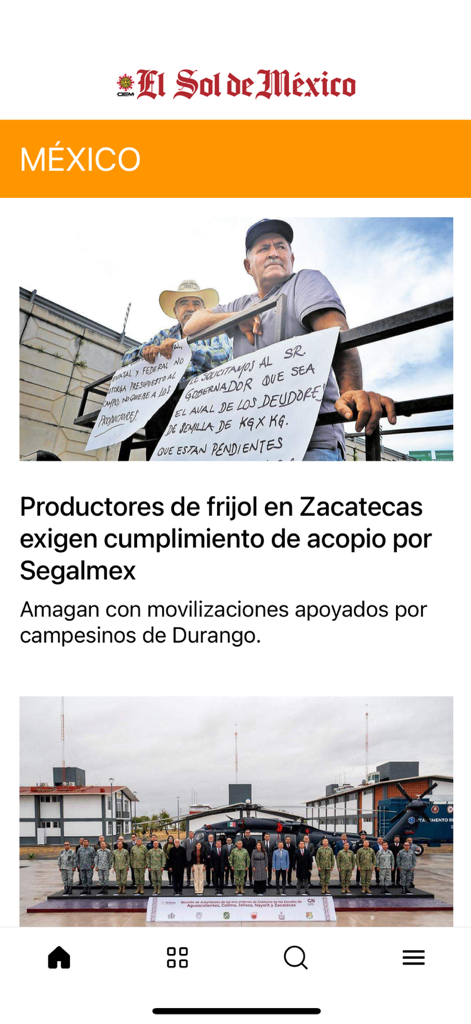 OEM Noticias - OEM Noticias app displaying a news article from El Sol de Mexico about bean producers in Zacatecas