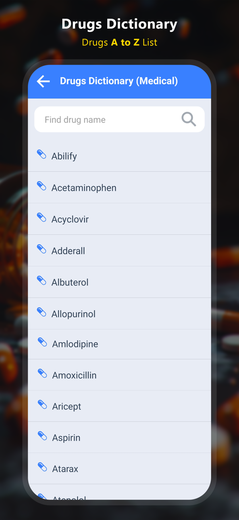 Drugs Dictionary - Offline - Alphabetical drug search interface in the Drugs Dictionary offline app
