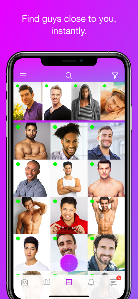 Shuggr app interface displaying a grid of nearby male profiles