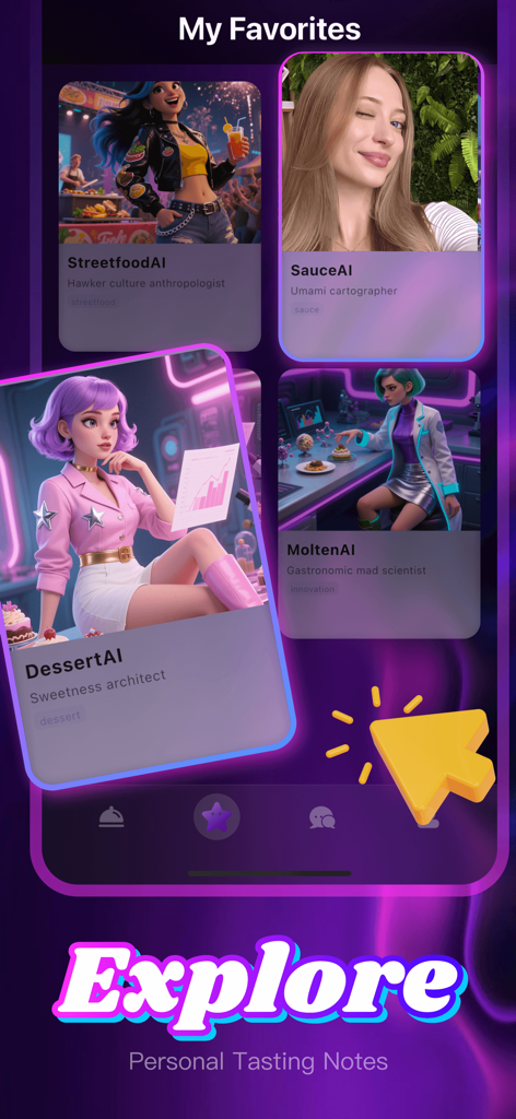 Tammo - Tammo モバイルアプリのインターフェース。食品の伝統を探求するためのデジタル料理専門家の「お気に入り」リストを表示