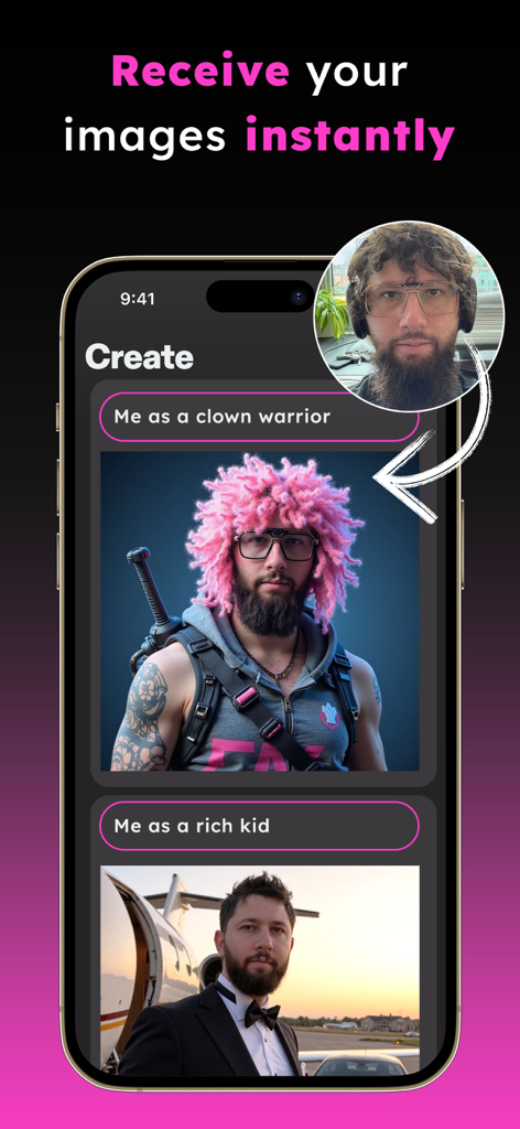 WOMBO Meme: Character Creator - Screenshot of WOMBO Meme app showing AI-generated transformations of a man into a clown warrior and a rich kid with the heading Receive your images instantly