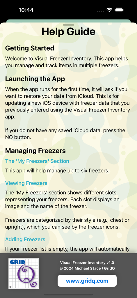Visual Freezer Inventory - Pantalla de guía de ayuda de la aplicación Visual Freezer Inventory con instrucciones sobre cómo empezar y gestionar congeladores.