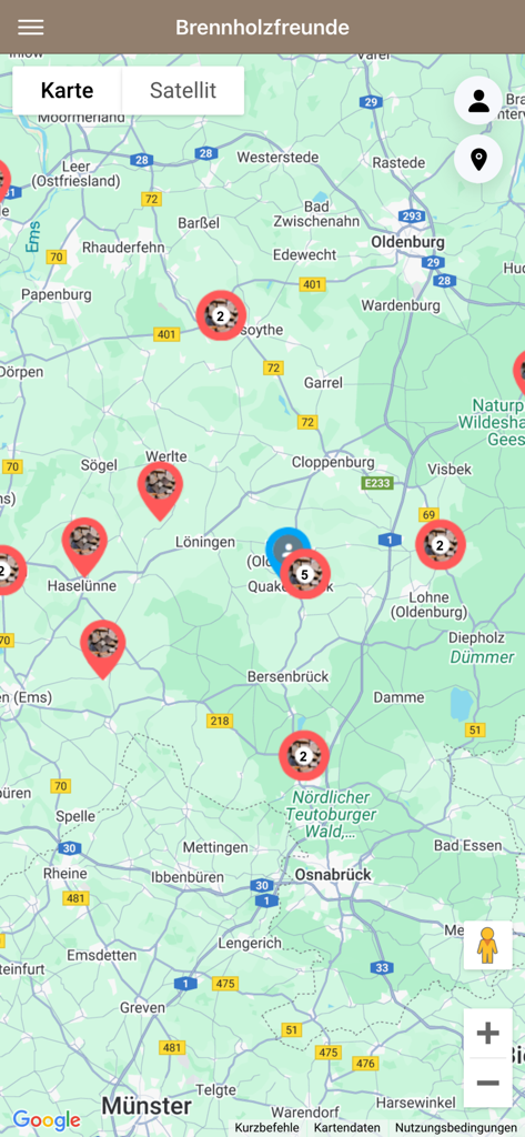Brennholzfreunde - Map view within the Brennholzfreunde app displaying various firewood pick up locations with red pins across a regional map