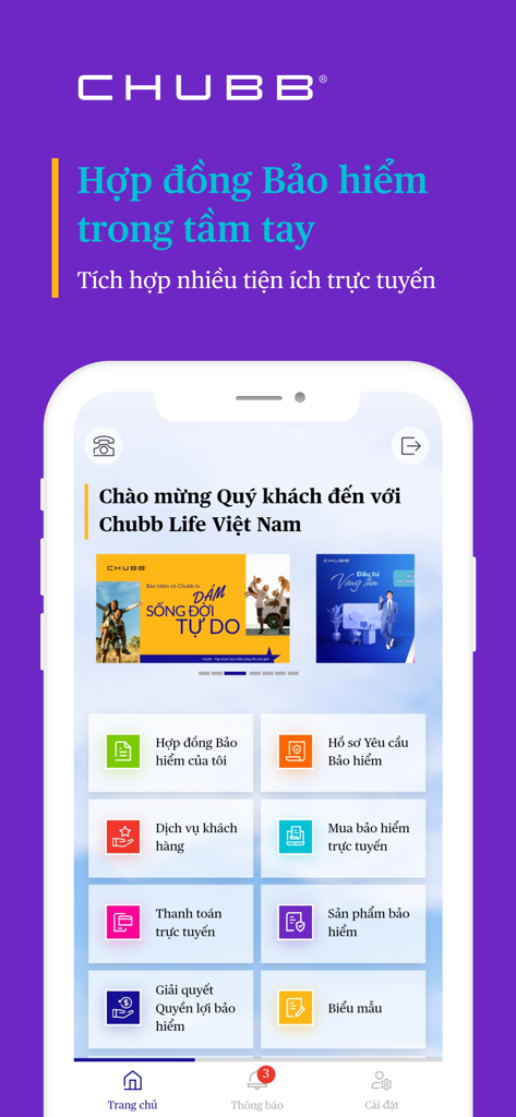 CHUBB eConnect - Chubb eConnect mobile app dashboard showing insurance management options in Vietnamese