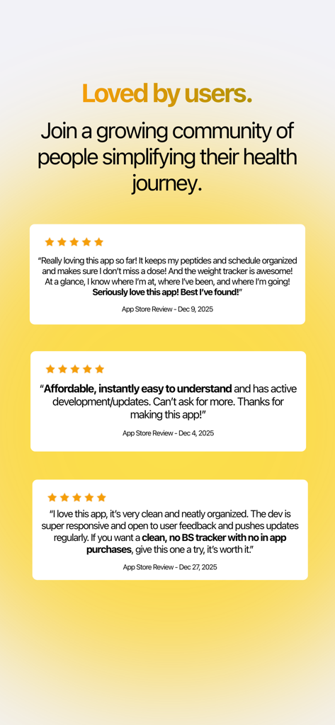 Depoimentos de usuários e avaliações de cinco estrelas para o rastreador de peptídeos e GLP ShotTrackr