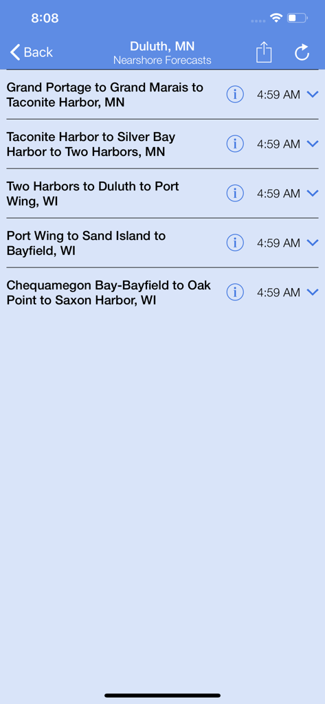 Nearshore app interface displaying marine forecast zones for Duluth Minnesota