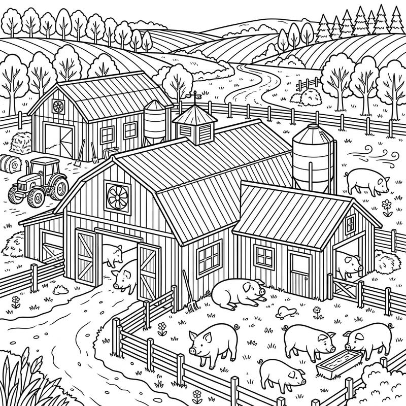 Unwind with this delightful coloring page featuring rustic hog barns and playful pigs enjoying a tranquil farm setting. It’s the perfect scene to color during a relaxing weekend.