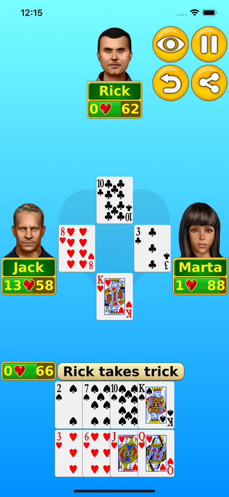 Captura de tela da jogabilidade do jogo de cartas Copas mostrando uma vaza sendo jogada com três oponentes de computador.