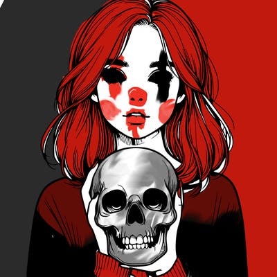 realistic girl holding a skull