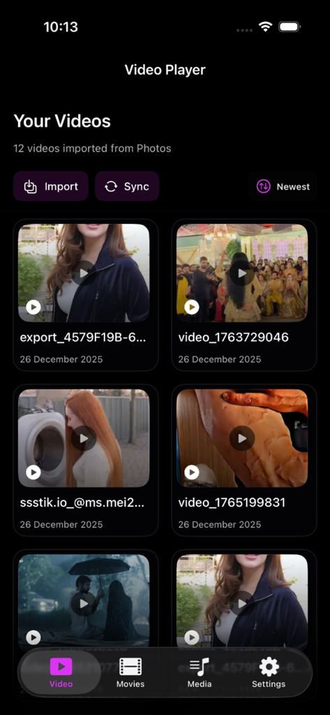 MovieBox app video player screen showing a grid of imported personal videos with options to import and sync.
