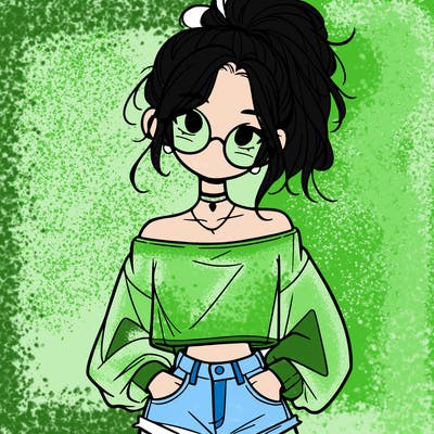 girl with a messy ponytail glasses a baggy crop top and jean shorts