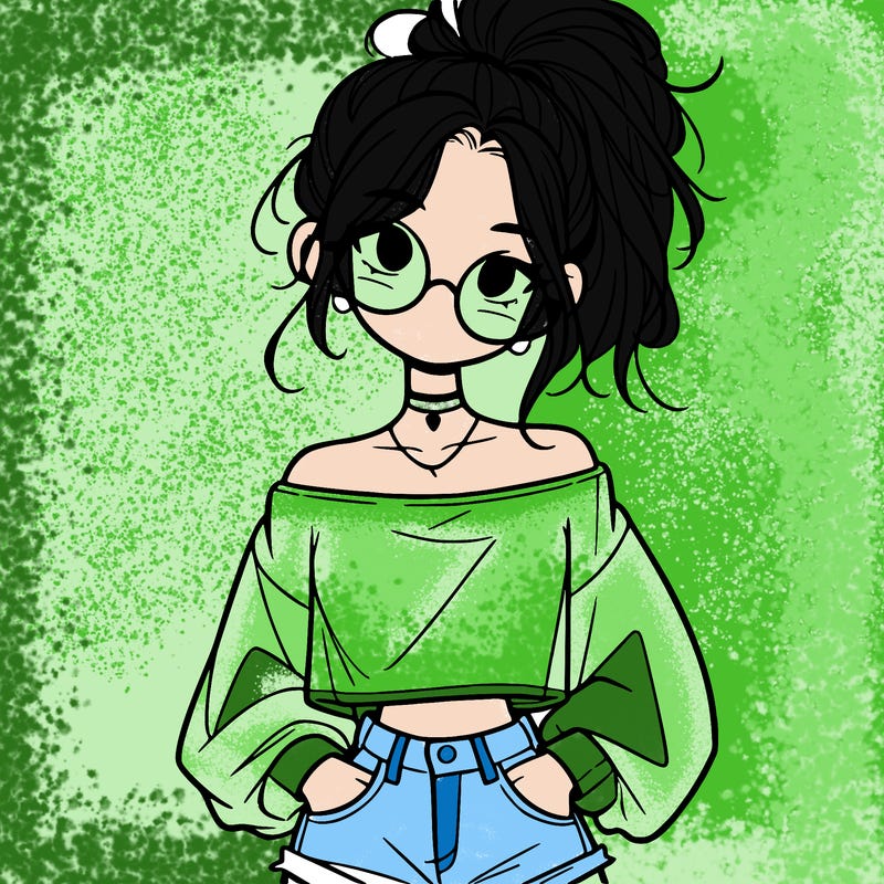 girl with a messy ponytail glasses a baggy crop top and jean shorts
