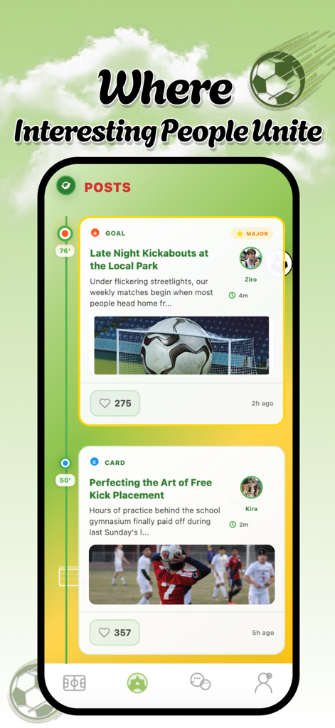 Reco - Rally - Interface do aplicativo móvel Reco Rally mostrando um feed social de postagens de futebol da comunidade e conquistas de treinamento.