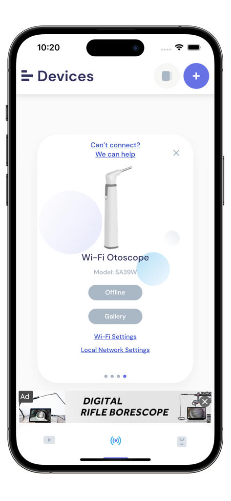 Smart Endoscope - Smart Endoscope app screen showing a Wi-Fi Otoscope device connection interface