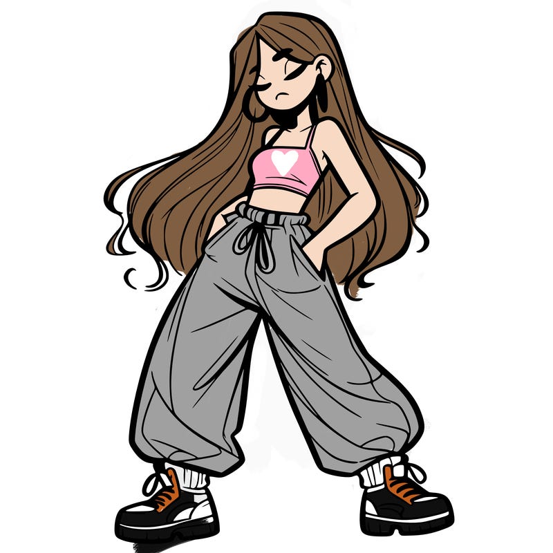 girl in baggy pants crop top and long hair
