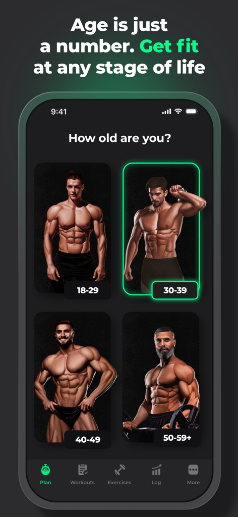 ProFit: Workout Planner - Pantalla de incorporación de la aplicación ProFit que muestra opciones de selección de grupo de edad para un plan de entrenamiento personalizado.