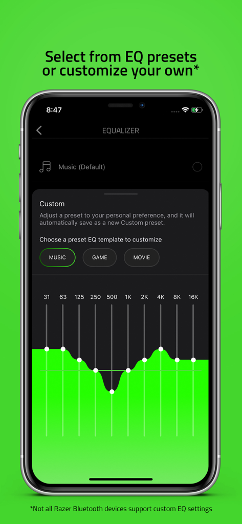 Razer Audio app equalizer interface featuring frequency sliders and sound presets