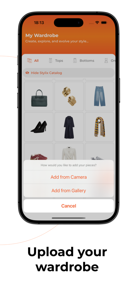 Stylix AI - A mobile interface for Stylix AI showing a digital wardrobe and options to upload clothes from the camera or gallery.