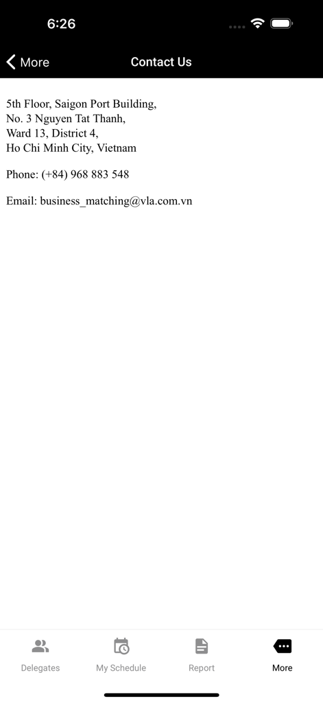 B2B-VLA One2One - Contact Us screen of the B2B-VLA One2One app displaying address and business matching email