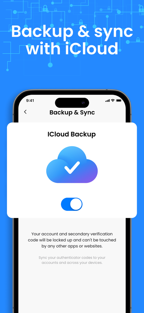 Interface of the authenticator app showing the iCloud backup and sync feature for 2FA codes.