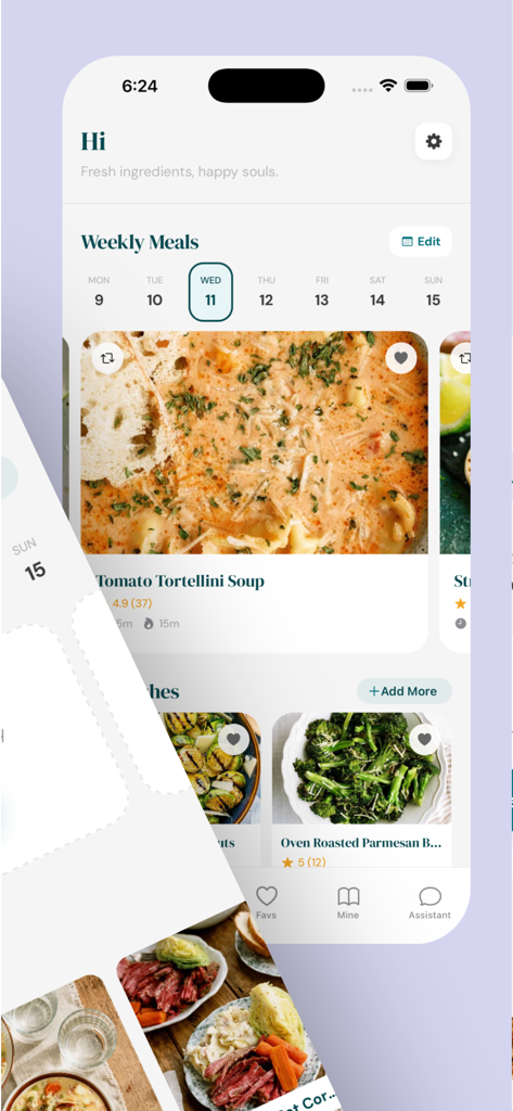 Six Sisters: Meal Planner - The Six Sisters Meal Planner app interface showing a weekly meal schedule with a Tomato Tortellini Soup recipe